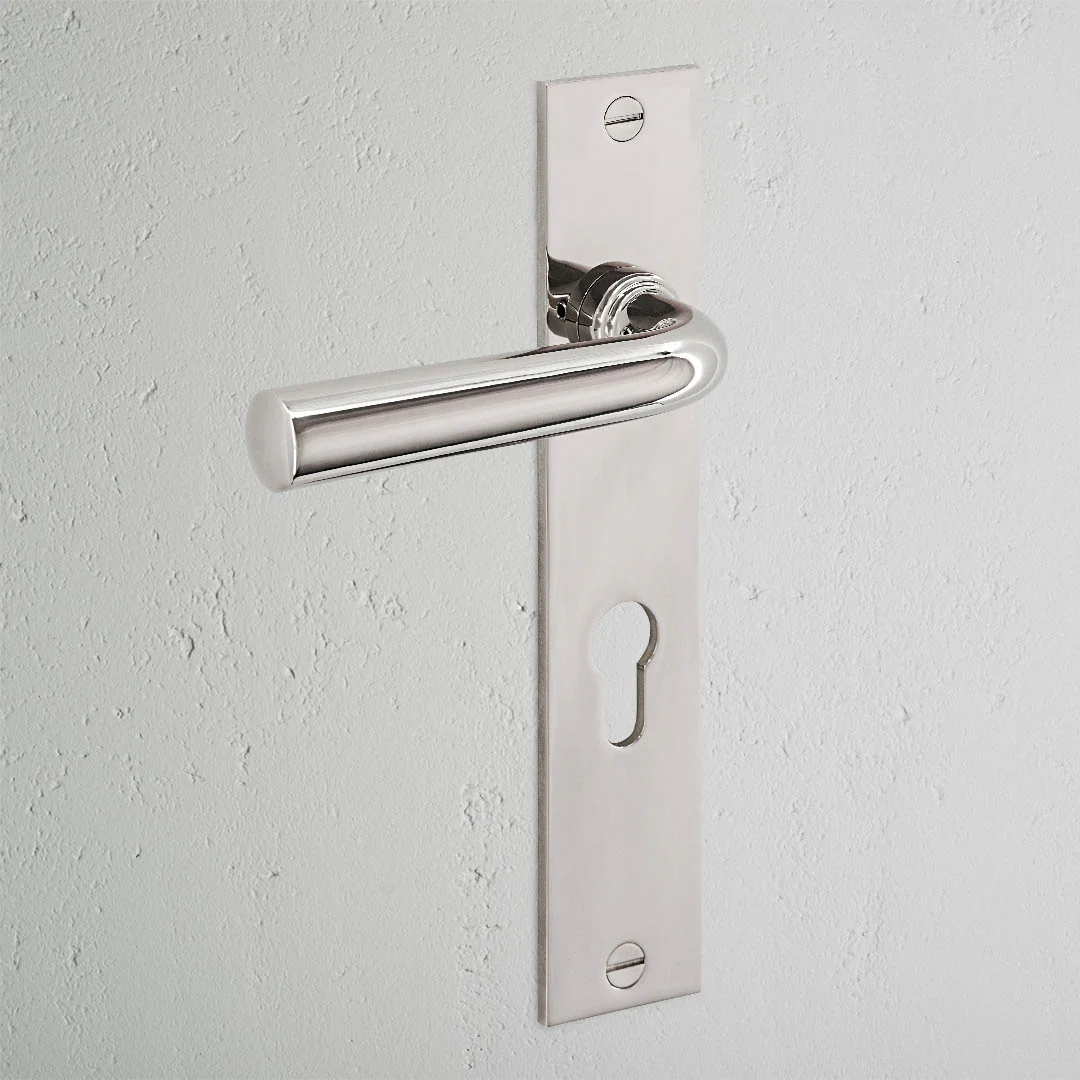 Apsley Long Plate Sprung Door Handle & Euro Lock – Polished Nickel - Image 2