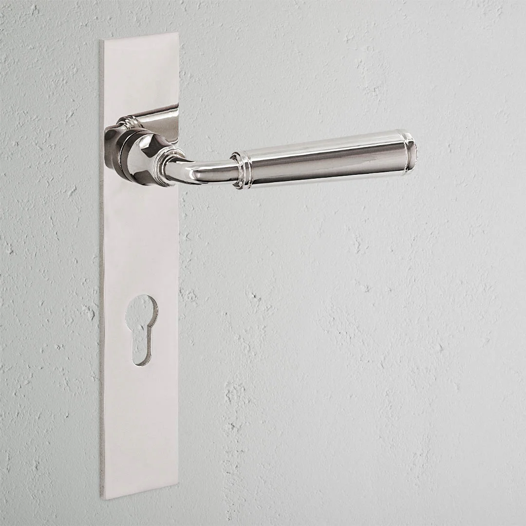 Digby Long Plate Sprung Door Handle & Euro Lock - Polished Nickel
