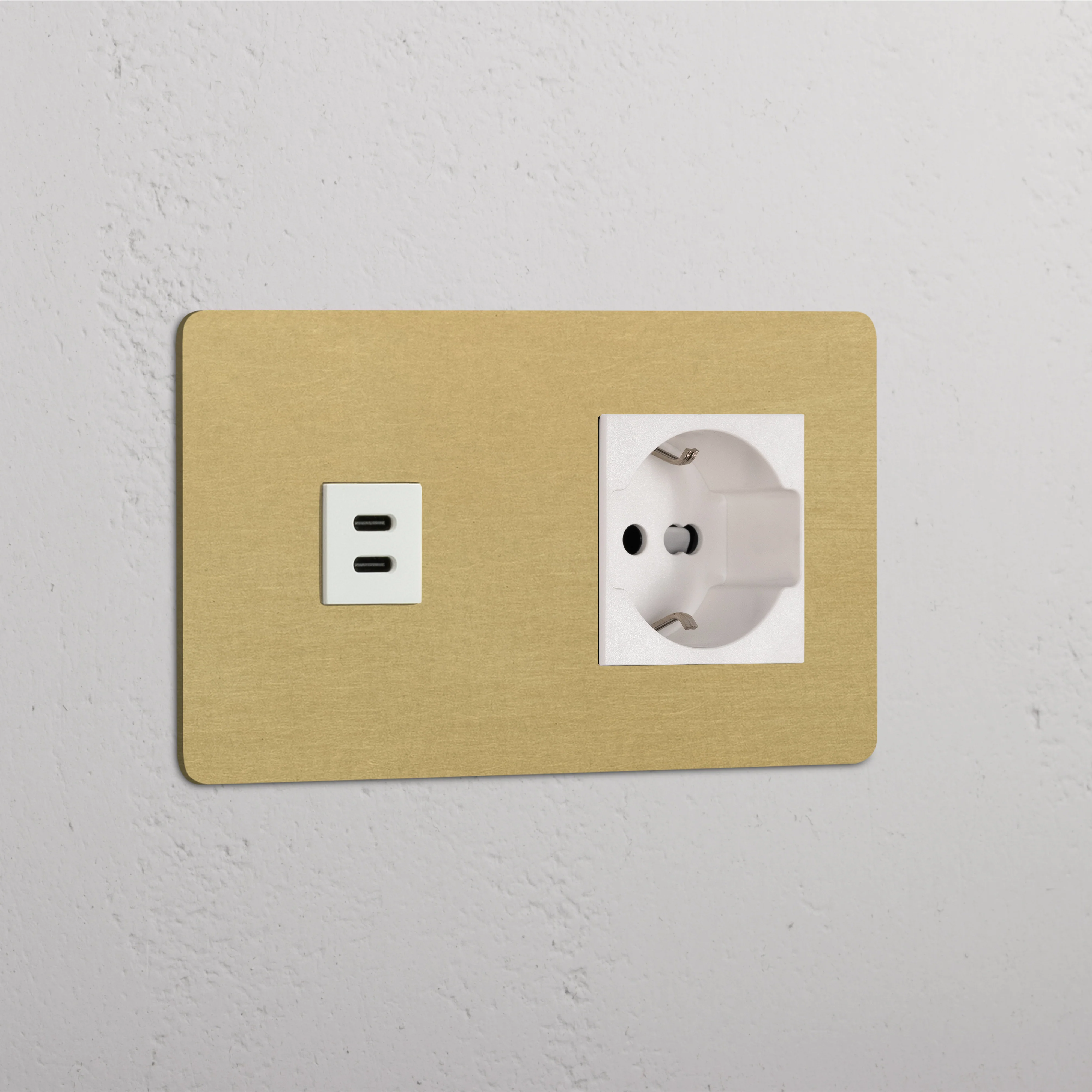 Kew Double USB-C 30W & Schuko/Bipasso Socket - Antique Brass | White