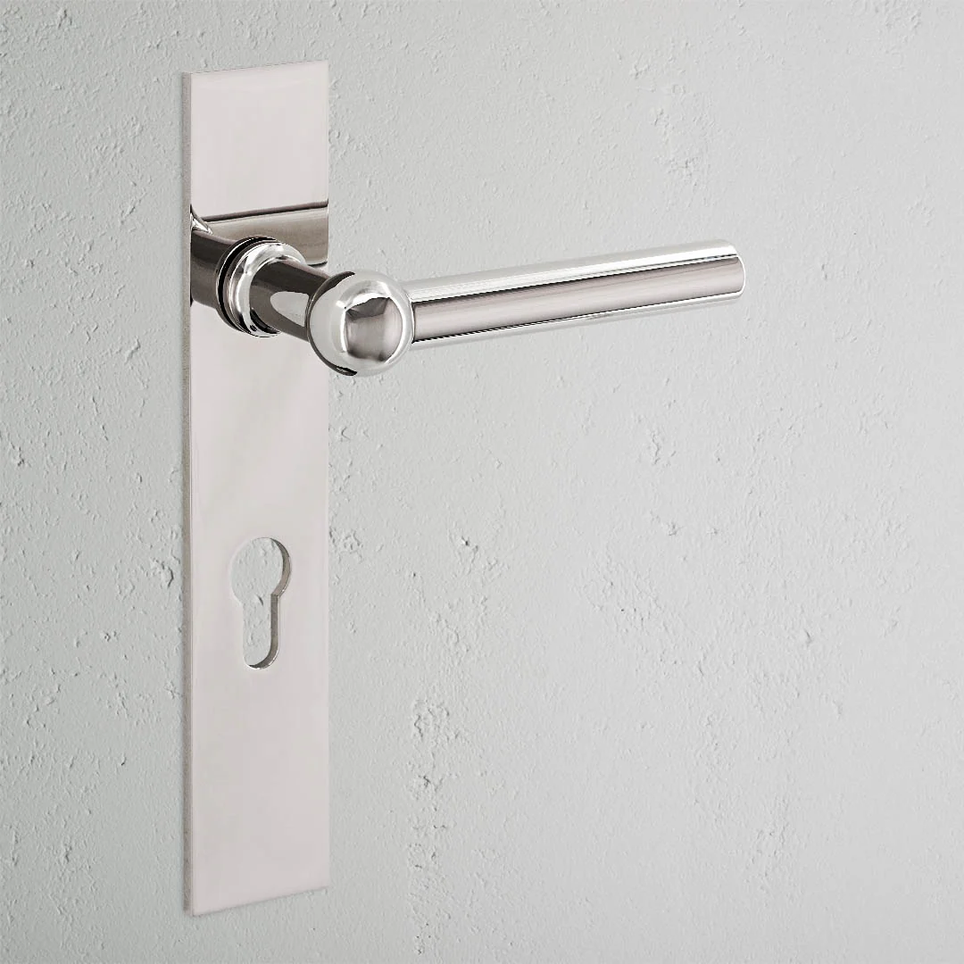 Harper Long Plate Sprung Door Handle & Euro Lock - Polished Nickel