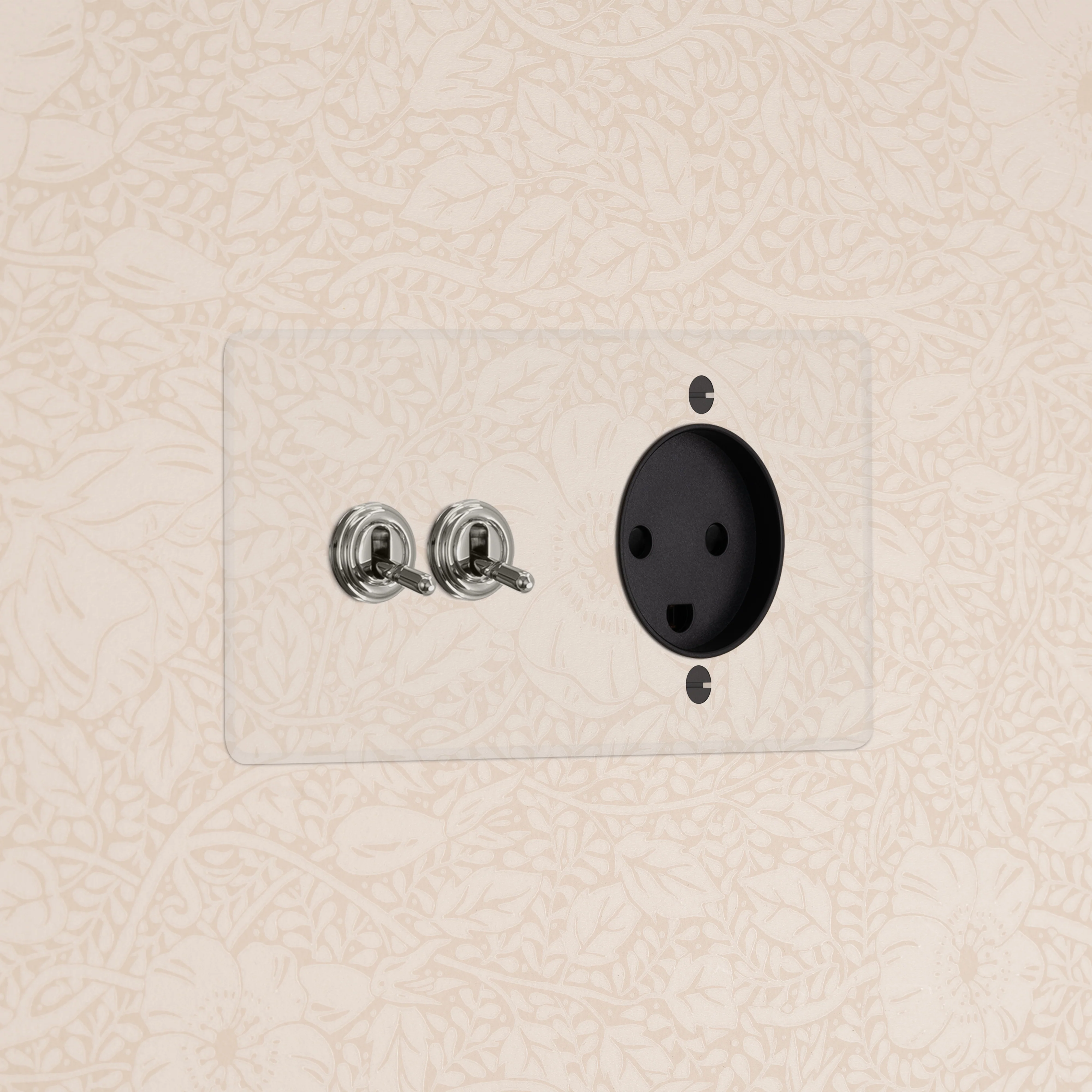 Kew Double 2x Toggle & Danish Type K Socket - Clear Polished Nickel | Black