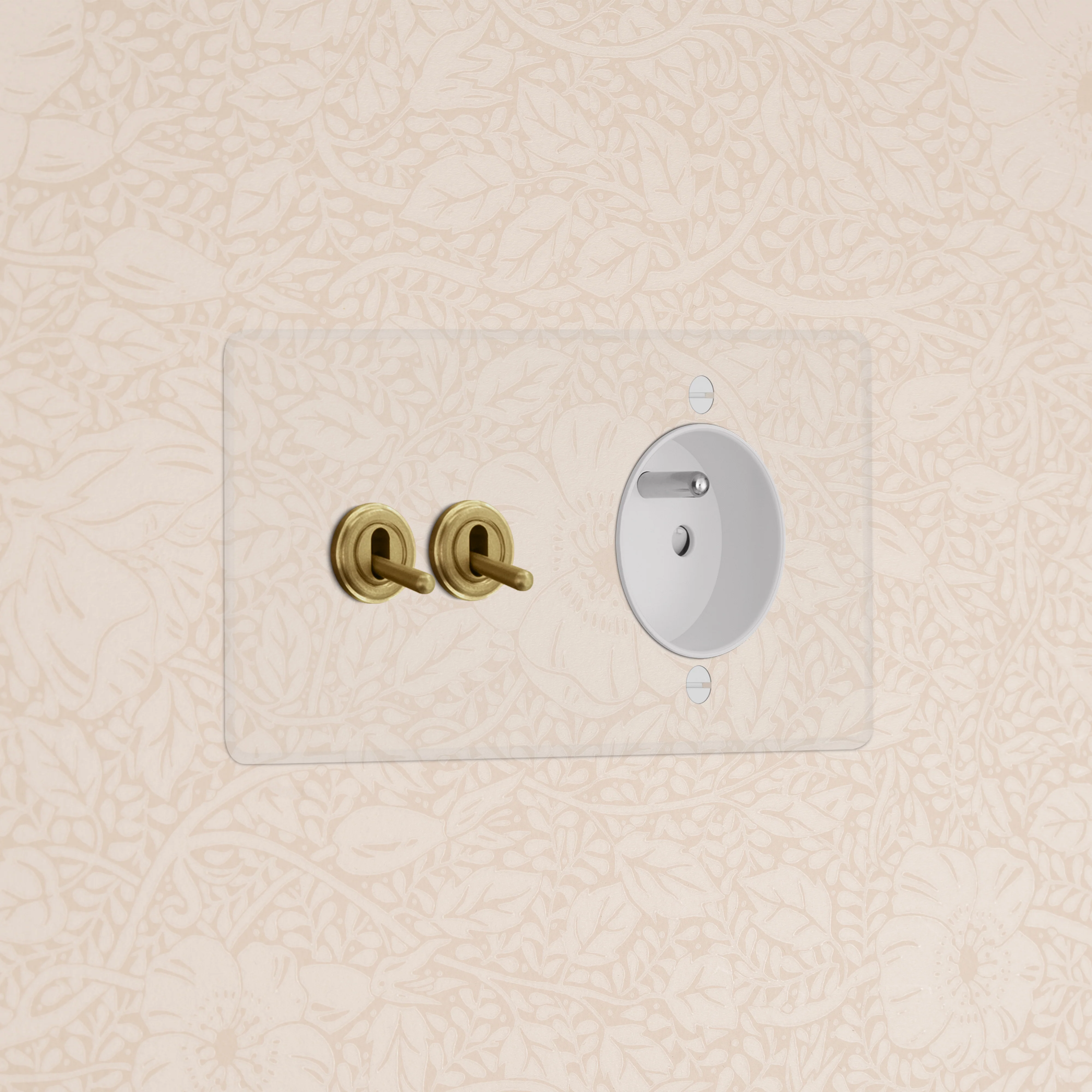 Kew Double 2x Toggle & French/Belgian Type E Socket - Clear Antique Brass | White