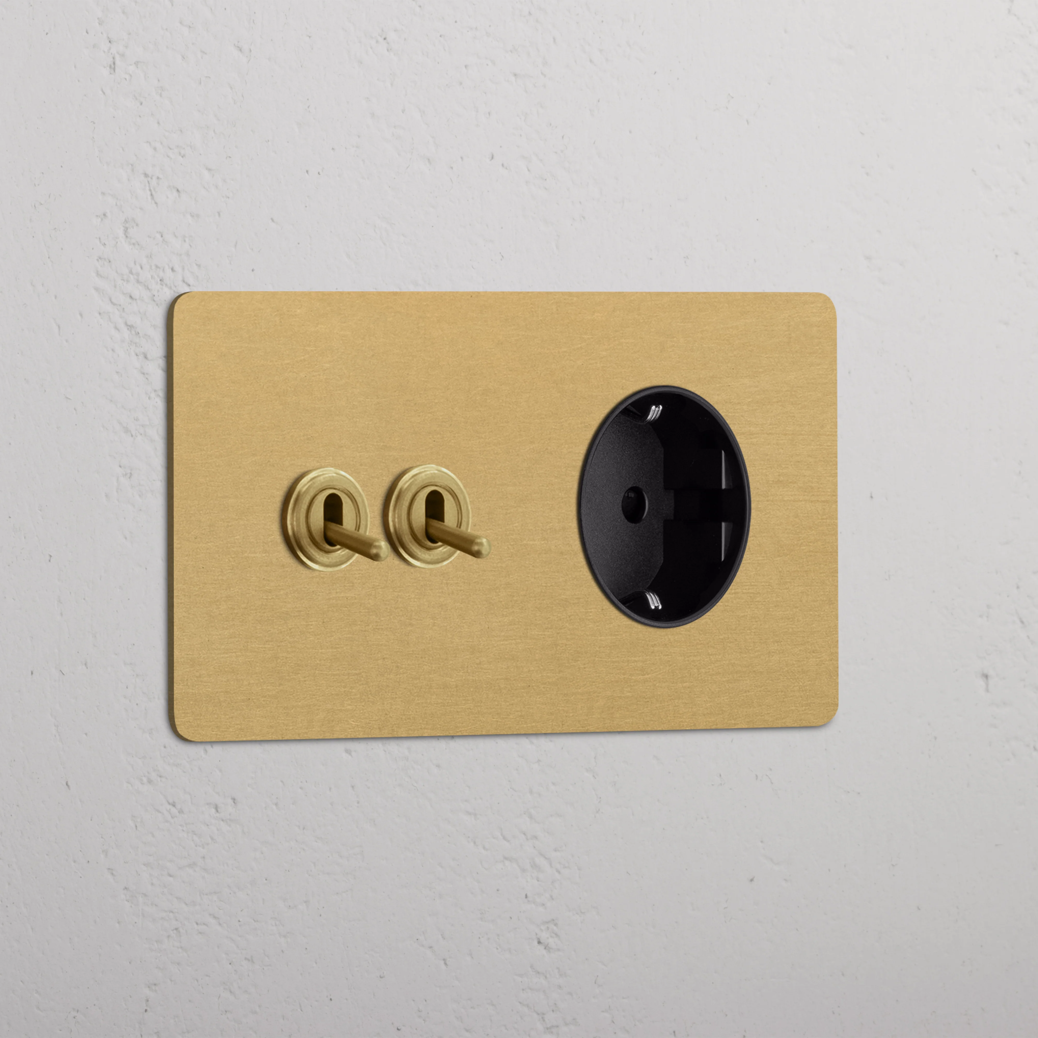 Kew Double 2x Toggle & Schuko Type F Socket - Antique Brass | Black