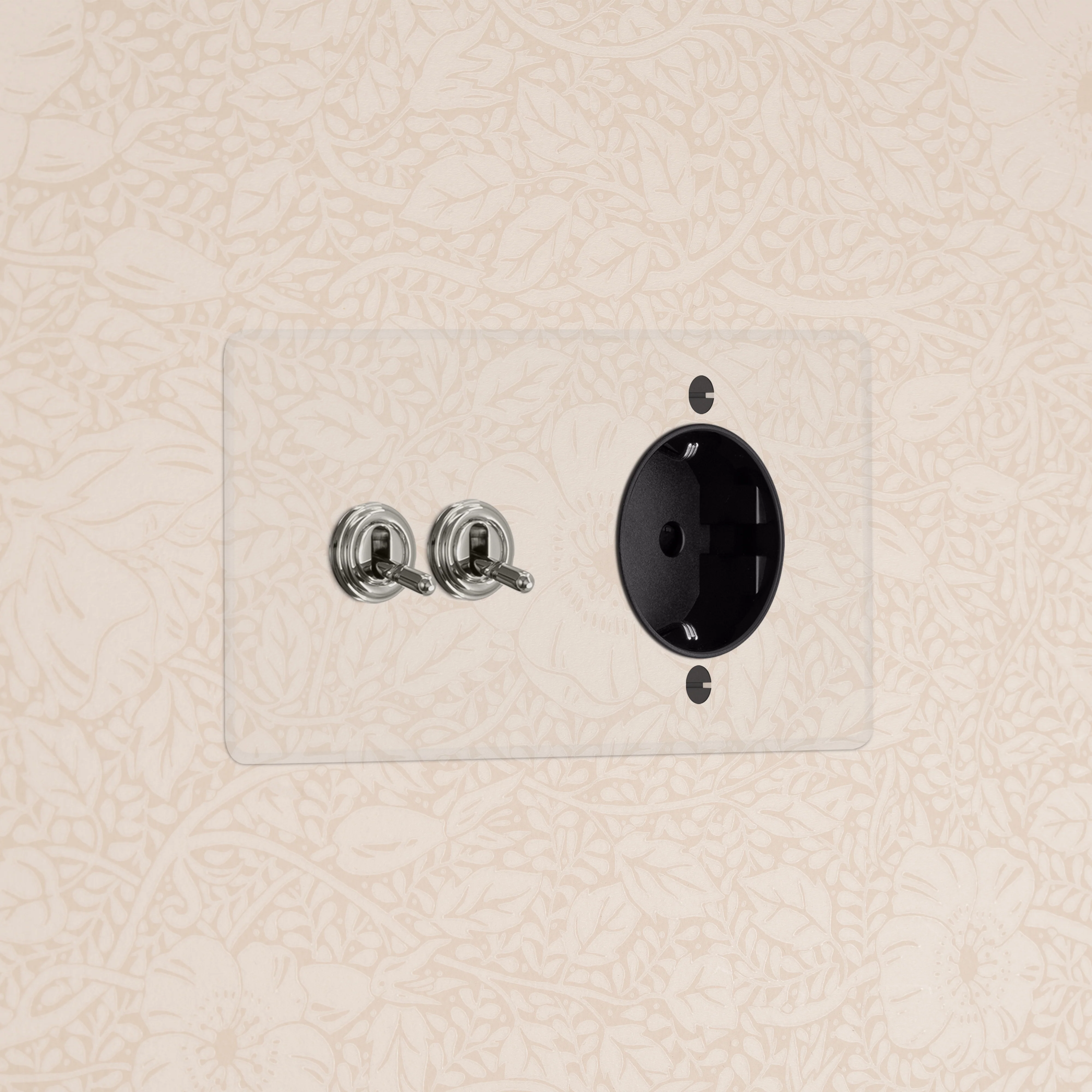 Kew Double 2x Toggle & Schuko Type F Socket - Clear Polished Nickel | Black
