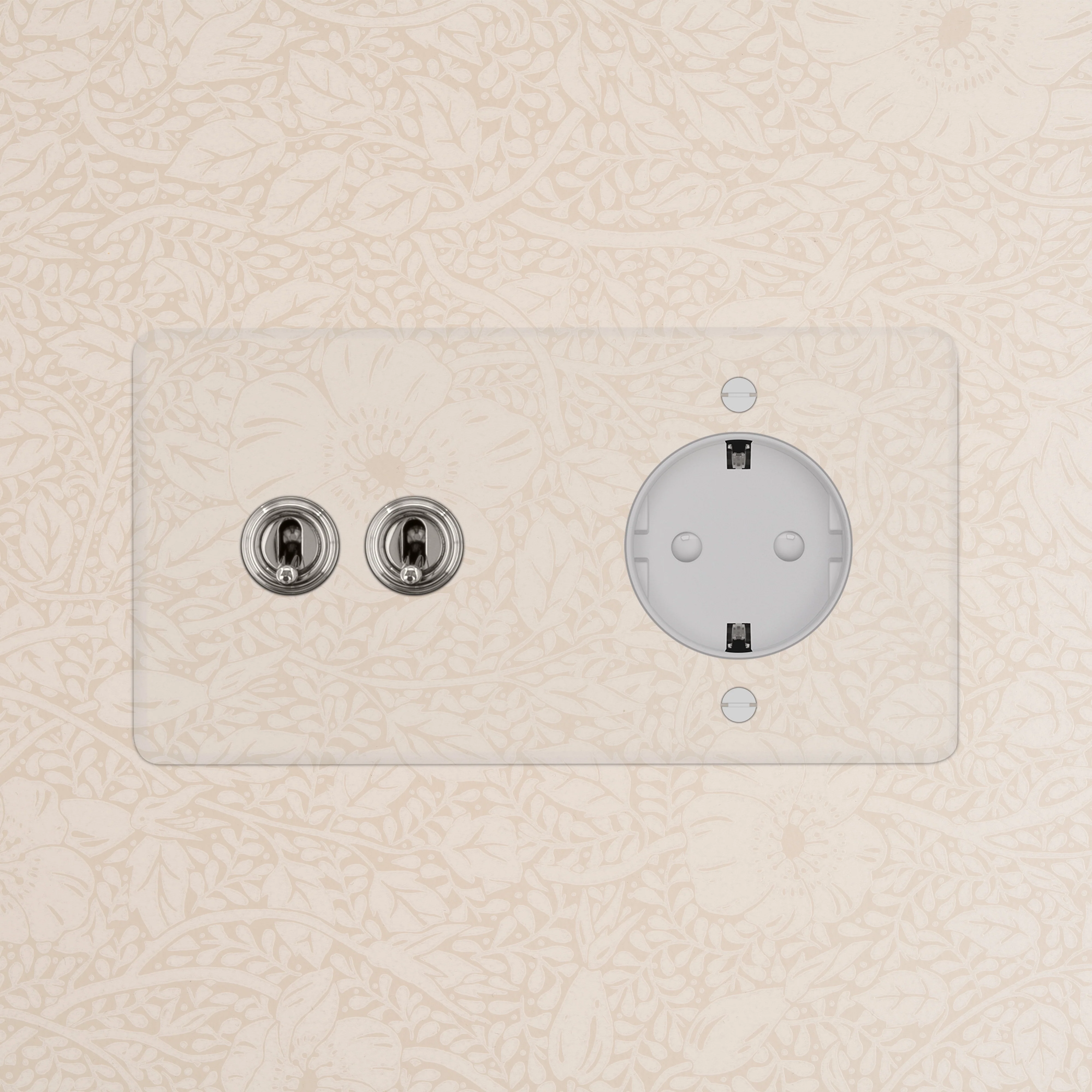 Kew Double 2x Toggle & Schuko Type F Socket - Clear Polished Nickel | White - Image 2