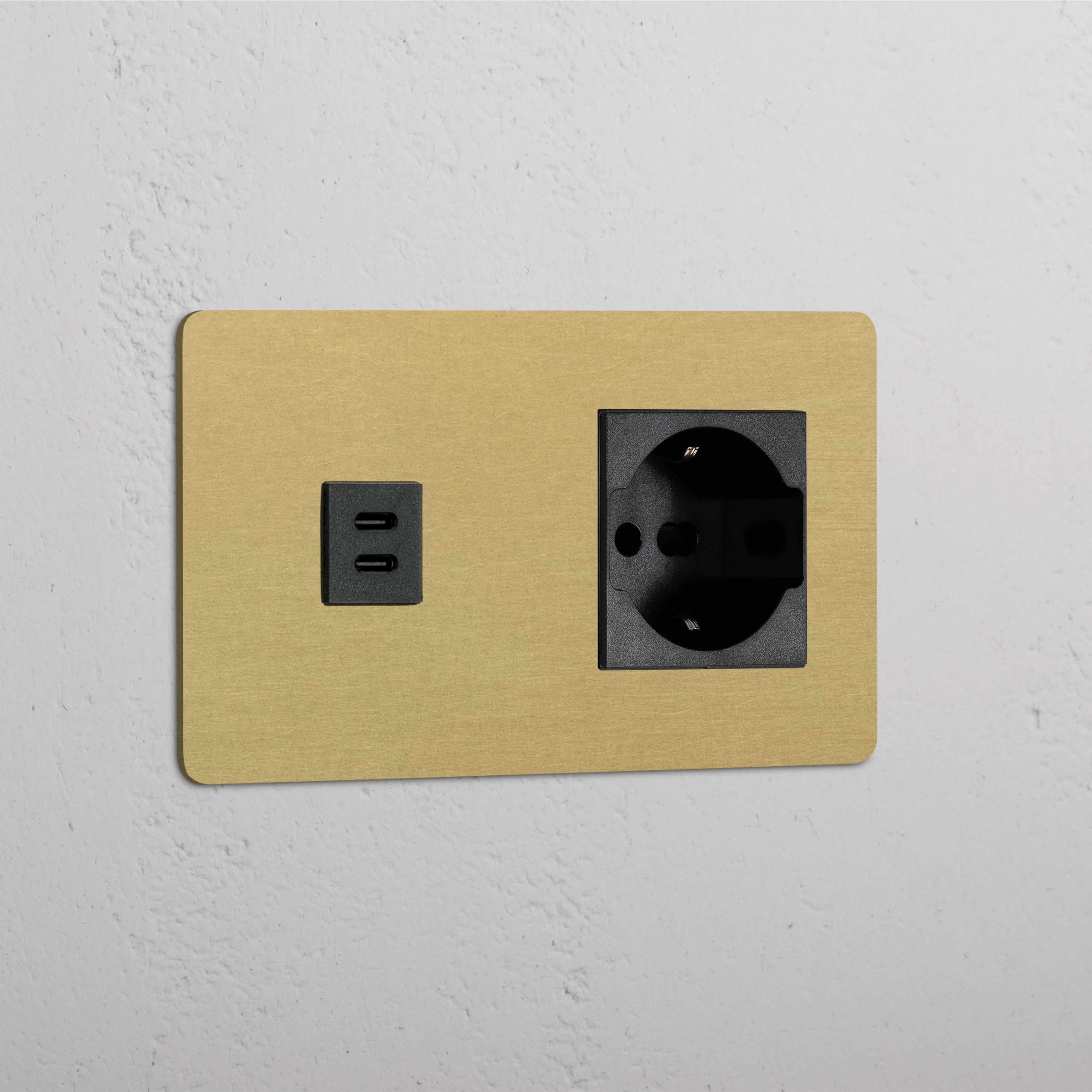 Kew Double USB-C 30W & Schuko/Bipasso Socket - Antique Brass | Black