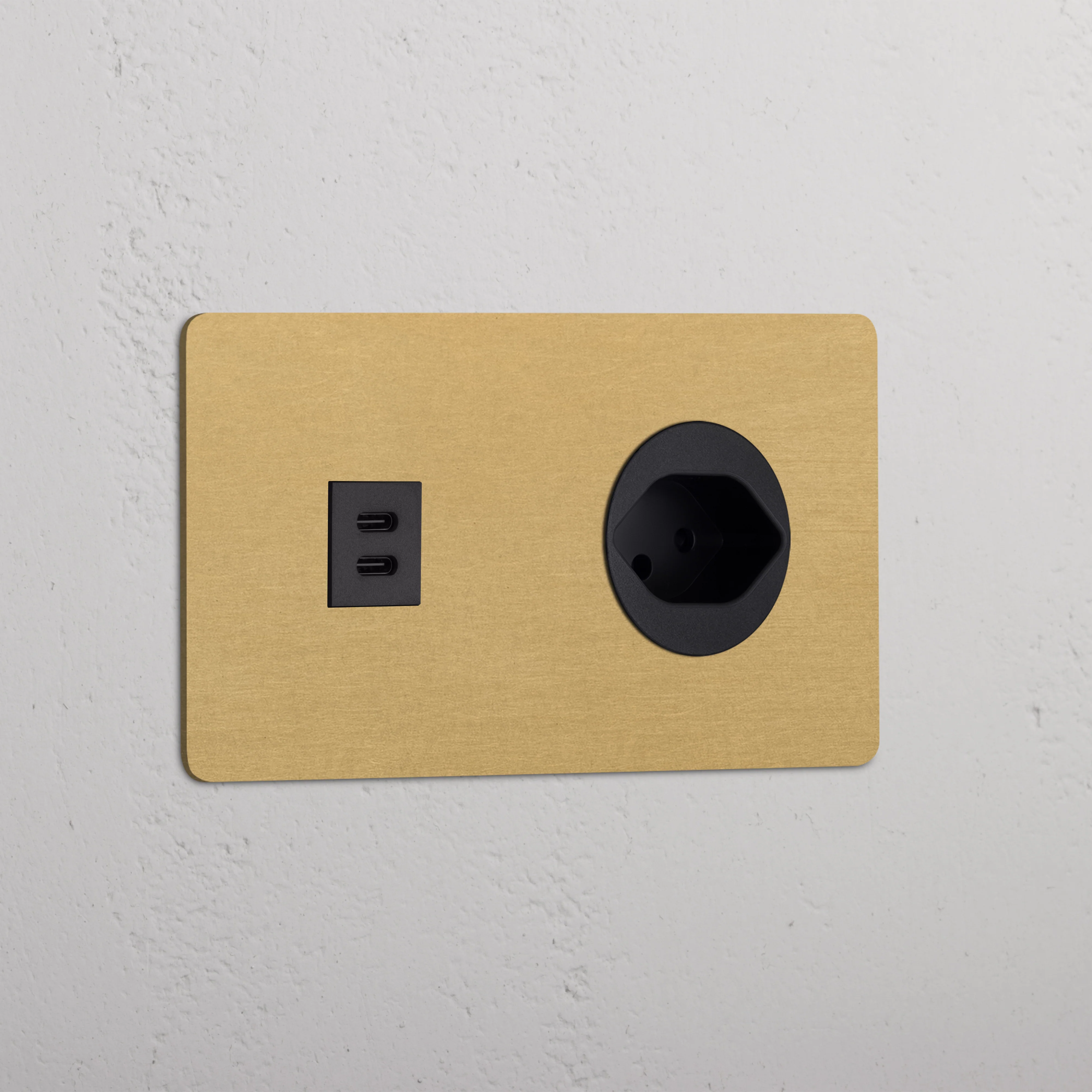 Kew Double USB-C 30W & Swiss Type J Socket - Antique Brass | Black