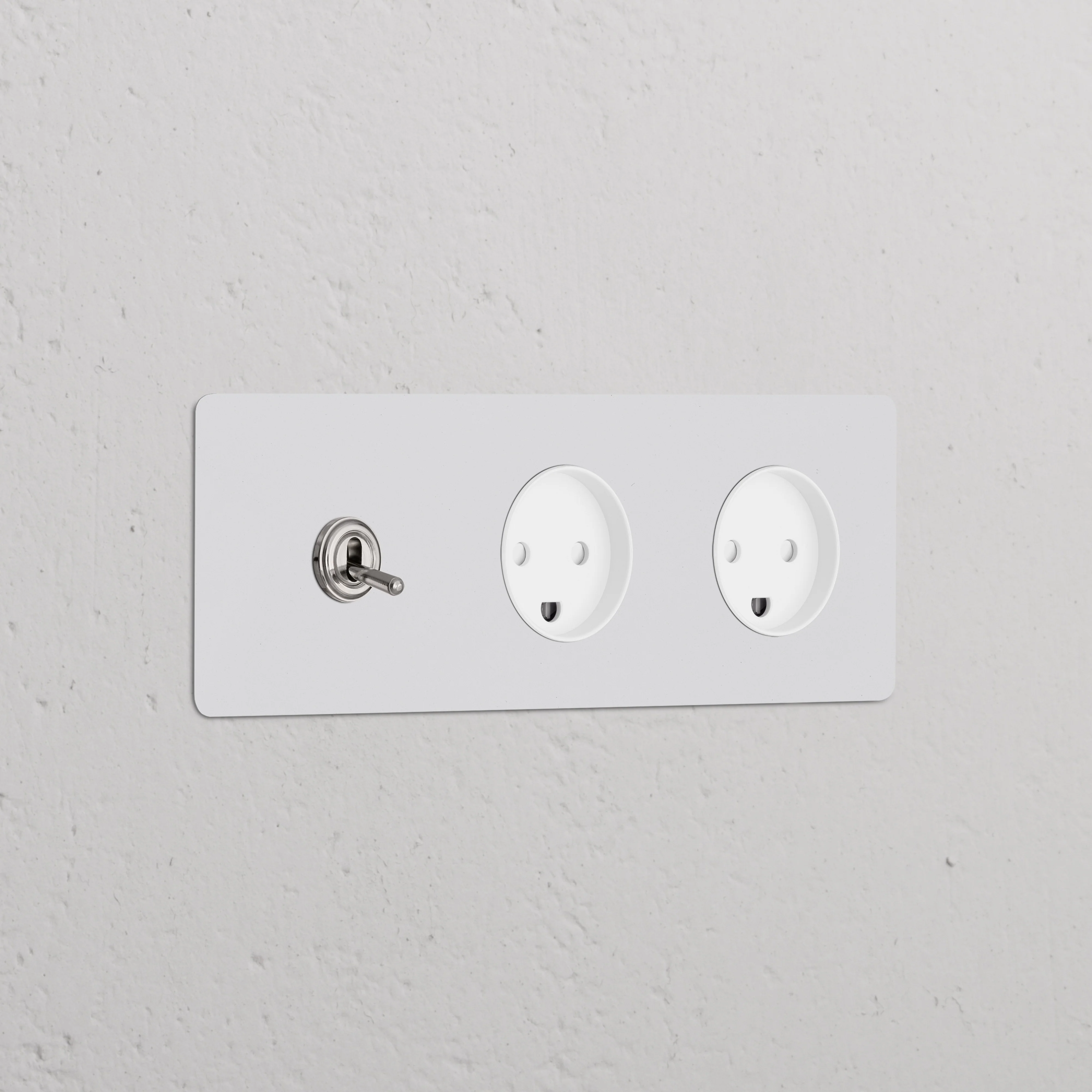 Kew Triple Toggle & 2x Danish Type K Socket - Paintable Polished Nickel | White