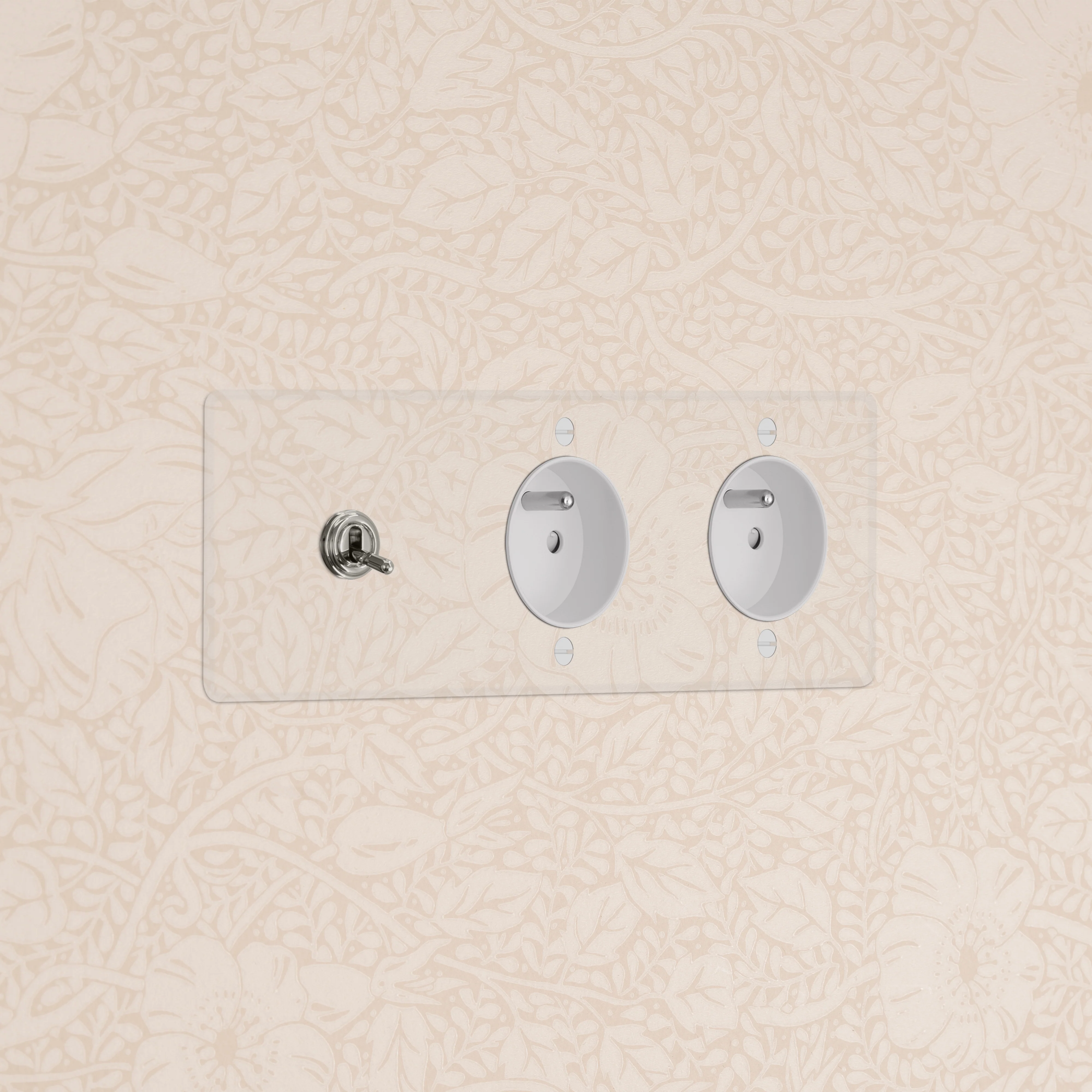 Kew Triple Toggle & 2x French/Belgian Type E Socket - Clear Polished Nickel | White