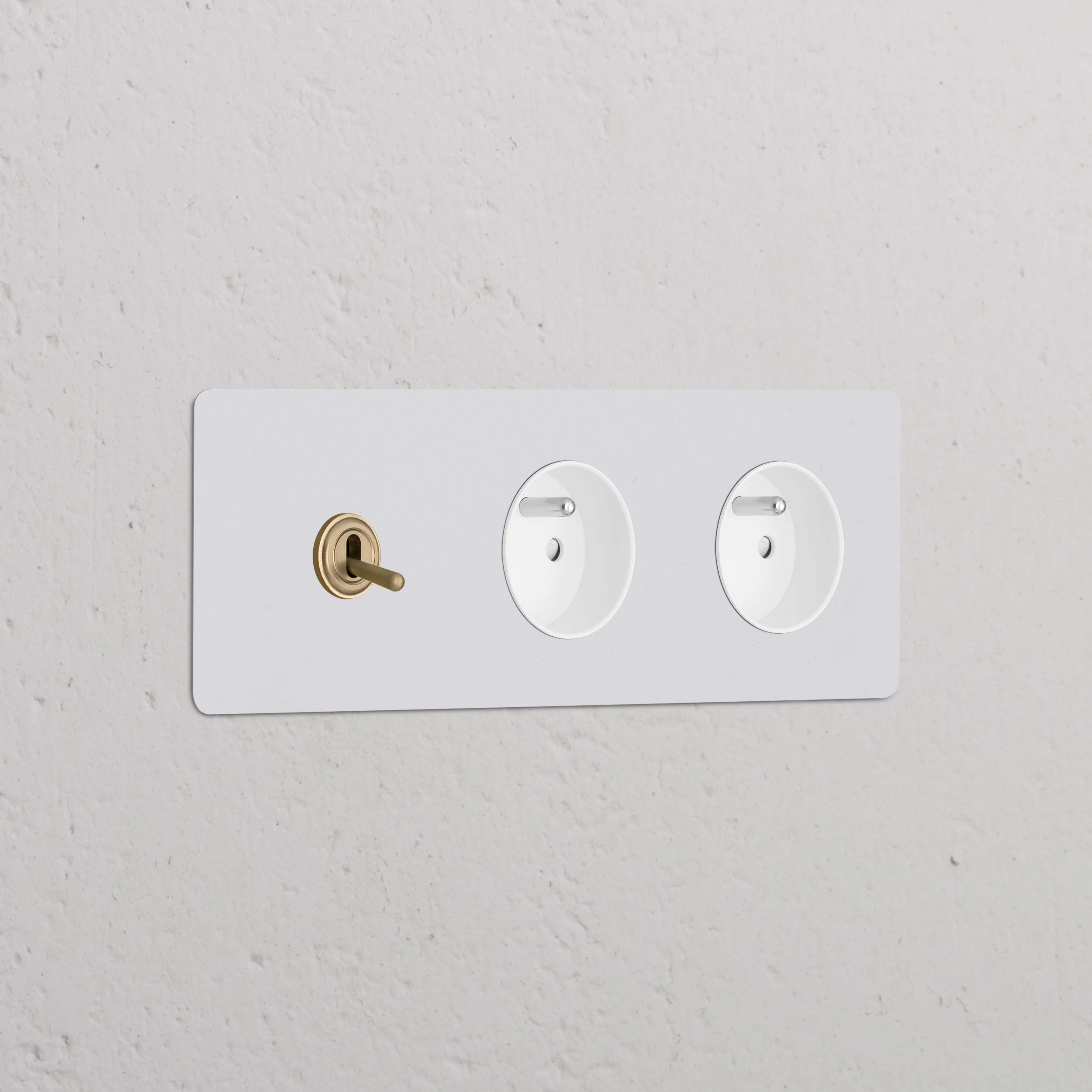 Kew Triple Toggle & 2x French/Belgian Type E Socket - Paintable Antique Brass | White