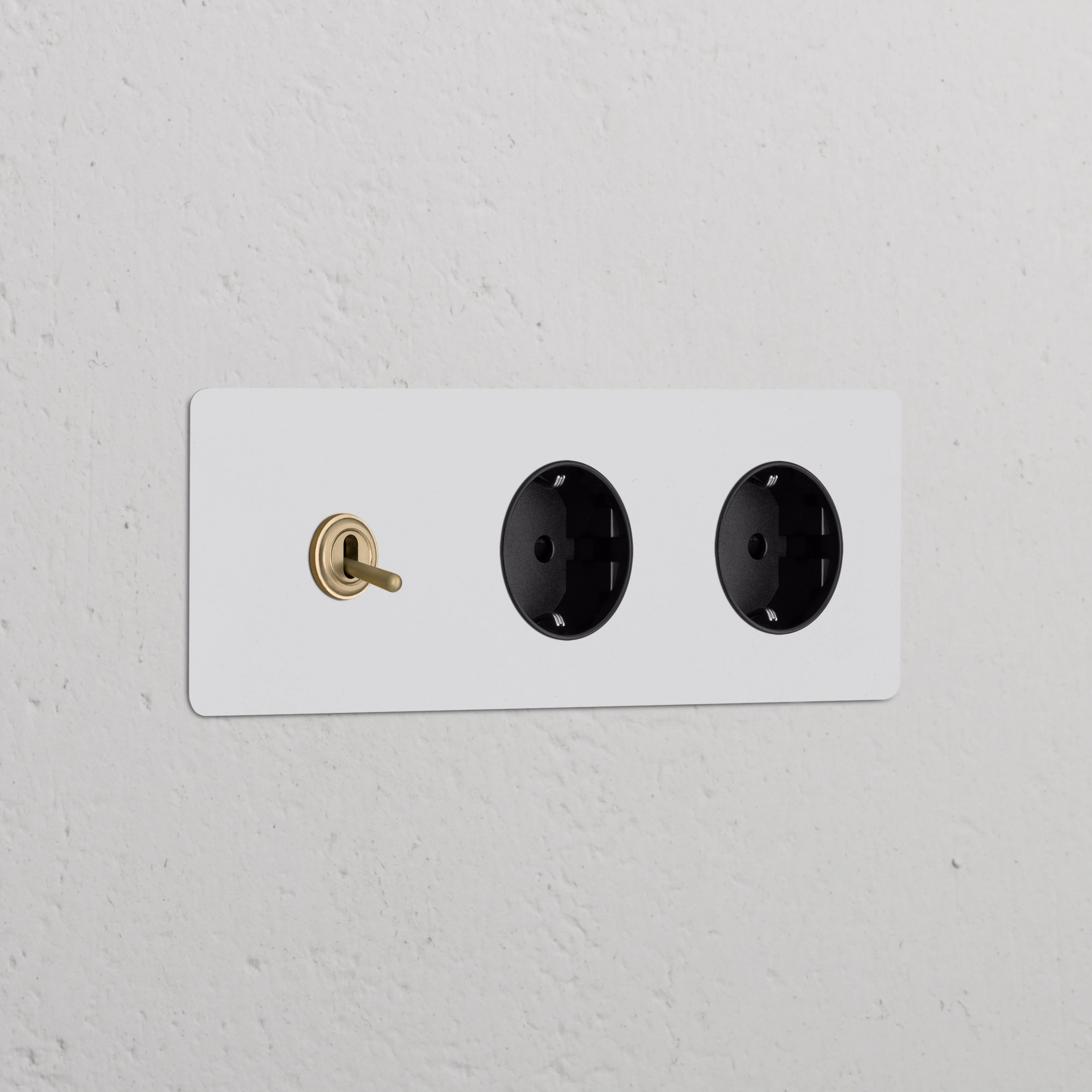 Kew Triple Toggle & 2x Schuko Type F Socket - Paintable Antique Brass | Black