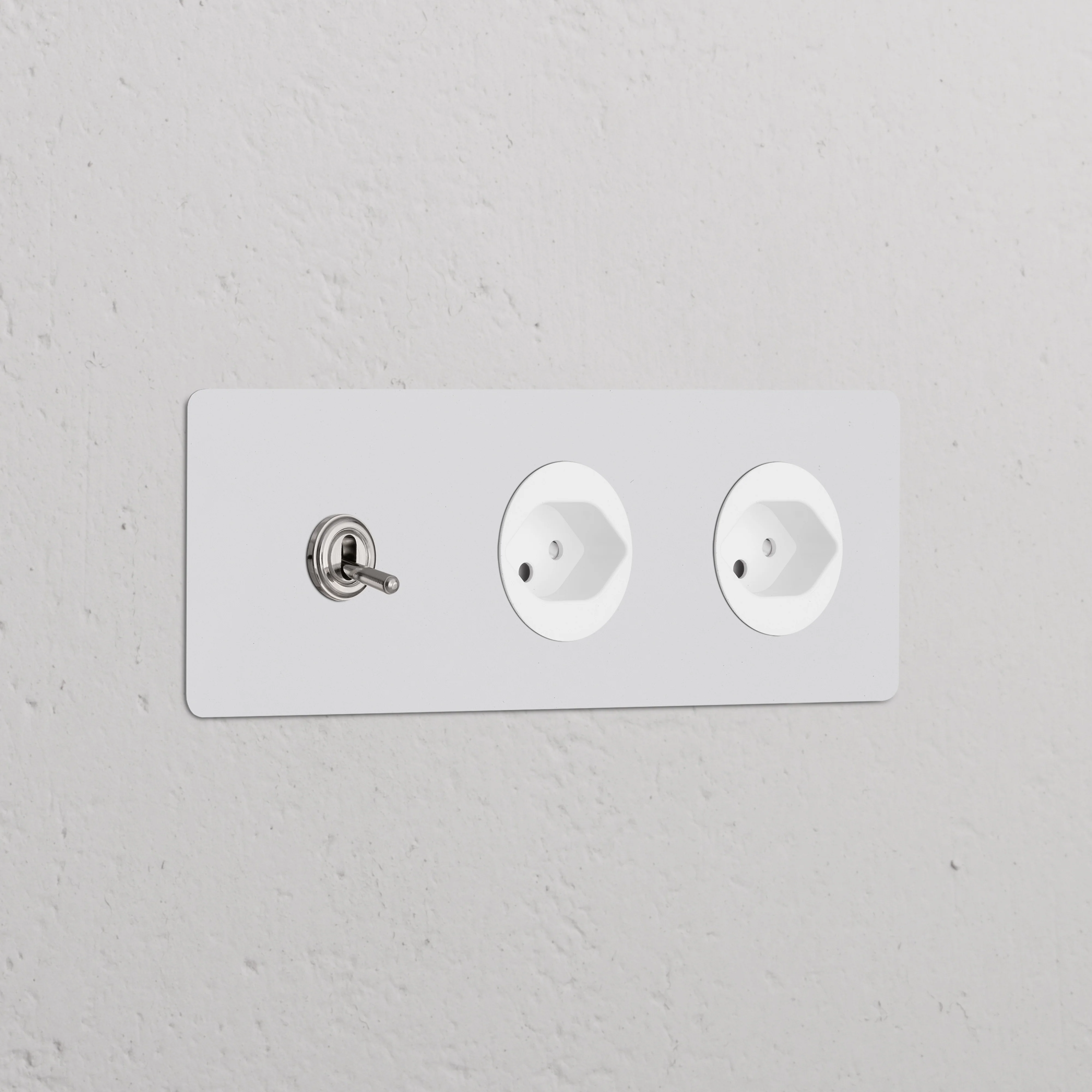 Kew Triple Toggle & 2x Swiss Type J Socket - Paintable Polished Nickel | White